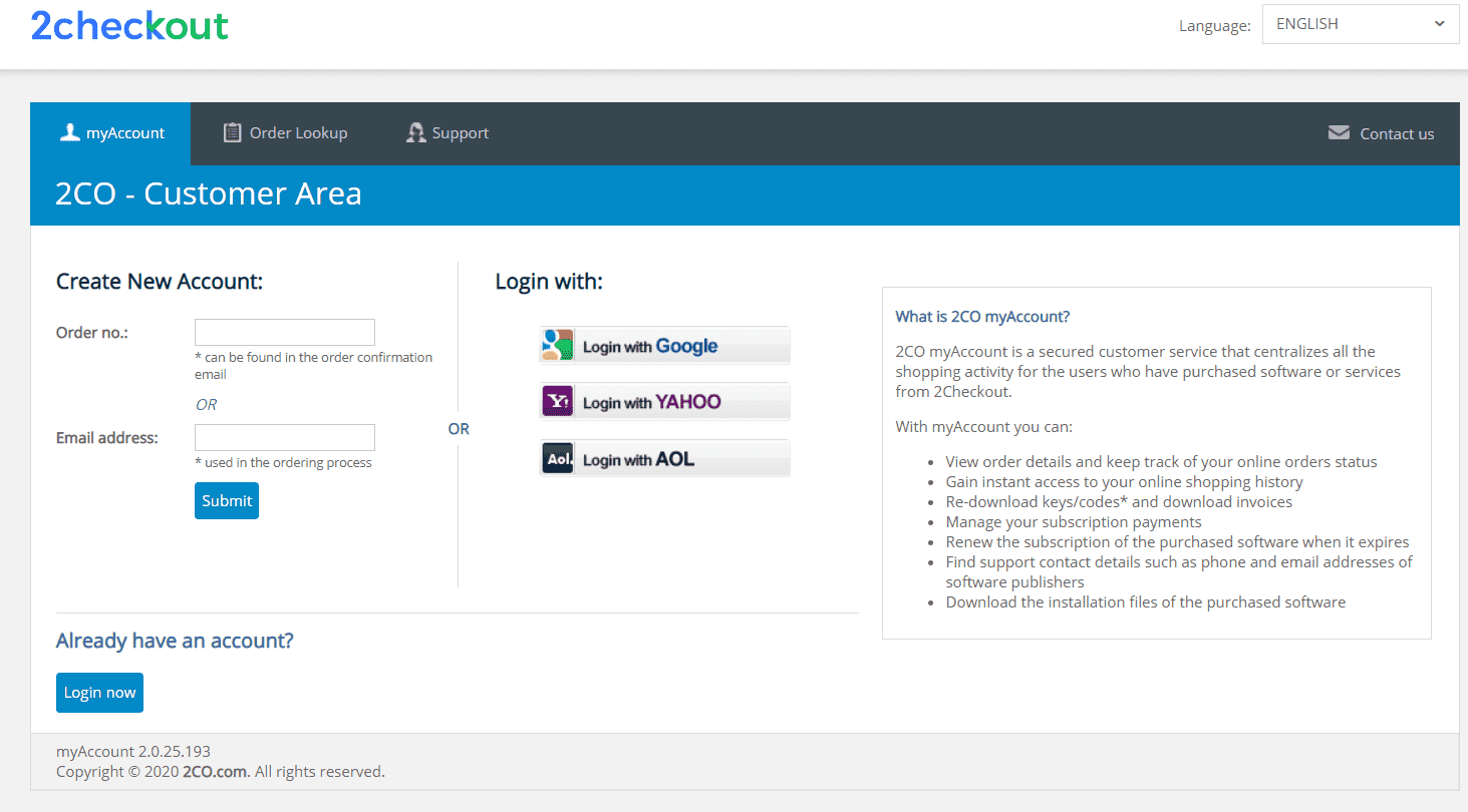 Screenshot of loging to 2CheckOut