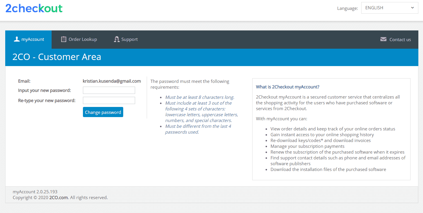 Screenshot of setting up a password in 2CheckOut